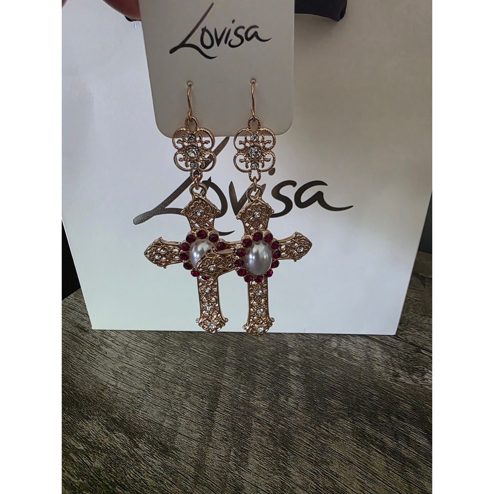 Lovisa Gold Tone Cross Dangle Earrings Red Rhinestone Faux Pearl Baroque Gothic